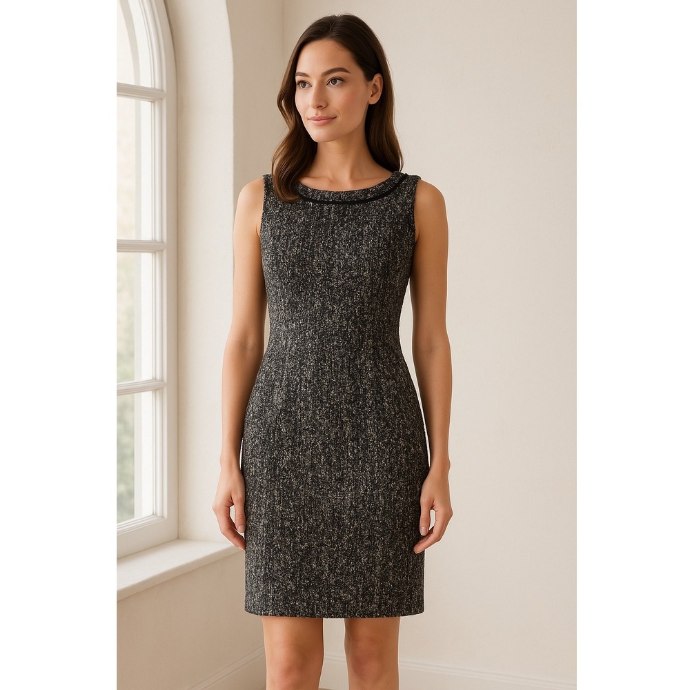 Talbots Dress Women 6 Black White Tweed Sheath Knee Length Fringe Neck Preppy